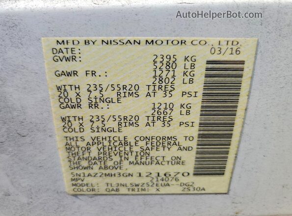 5N1AZ2MH3GN121670 2016 NISSAN MURANO White Սալոնի 360 աստիճան տեսք