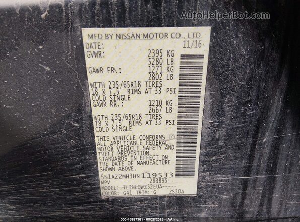 5N1AZ2MH3HN119533 2017 NISSAN MURANO Black Widok komory silnika