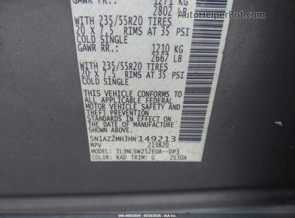 5N1AZ2MH3HN149213 2017 NISSAN MURANO Gray ძრავის განყოფილების ხედი