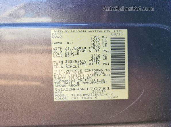 5N1AZ2MH4GN170781 2016 NISSAN MURANO Gray Շարժիչի բաժամունքի տեսք