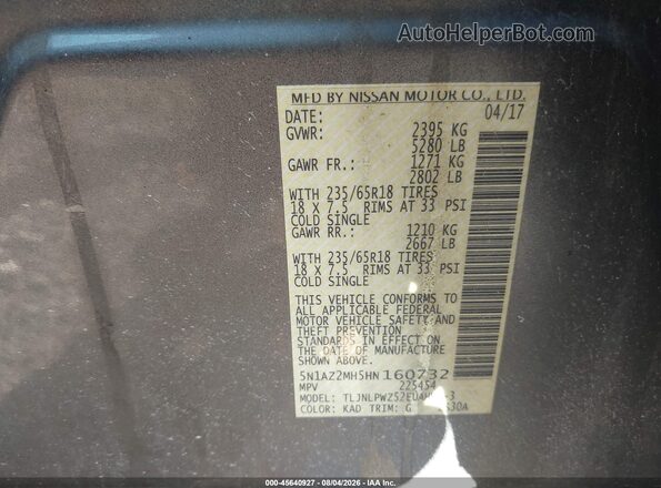 5N1AZ2MH5HN160732 2017 NISSAN MURANO Gray ძრავის განყოფილების ხედი
