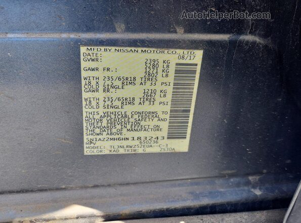 5N1AZ2MH6HN183243 2017 NISSAN MURANO Угольный Вид наклейки с VIN-кодом