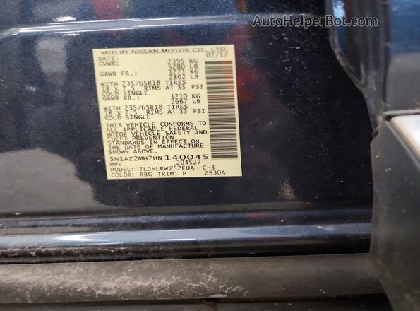 5N1AZ2MH7HN140045 2017 NISSAN MURANO Blue Widok wnętrza 360 stopni