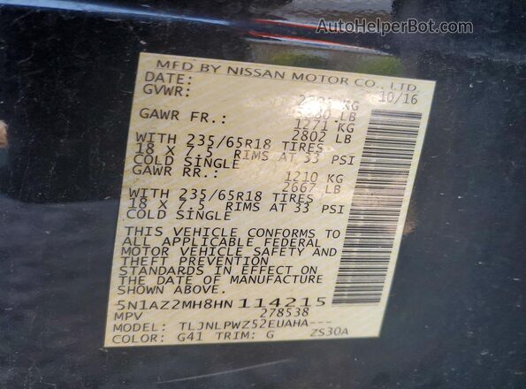 5N1AZ2MH8HN114215 2017 NISSAN MURANO Black Вид наклейки з VIN-кодом