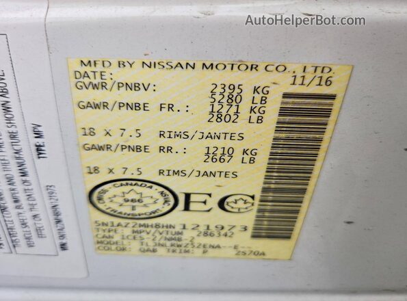 5N1AZ2MH8HN121973 2017 NISSAN MURANO White Widok naklejki z numerem VIN