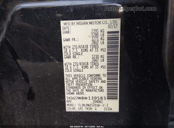 5N1AZ2MH8HN139583 2017 NISSAN MURANO Black Engine compartment view