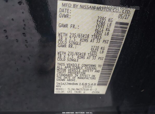 5N1AZ2MH8HN168548 2017 NISSAN MURANO Black Вид підкапотного простору
