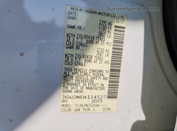 5N1AZ2MH8JN114527 2018 NISSAN MURANO White Vista interior de 360 grados