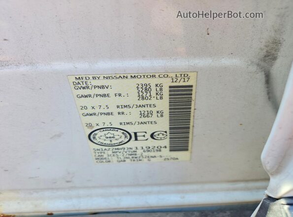5N1AZ2MH9JN119204 2018 NISSAN MURANO White Вид наклейки з VIN-кодом