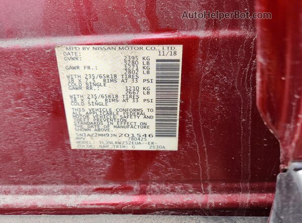 5N1AZ2MH9JN201546 2018 NISSAN MURANO Red VIN კოდის სტიკერის ხედი