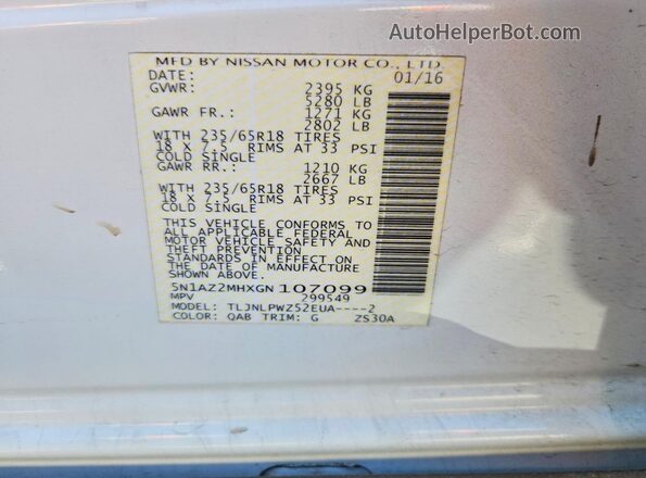 5N1AZ2MHXGN107099 2016 NISSAN MURANO White Widok naklejki z numerem VIN