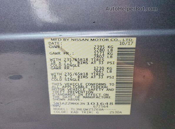 5N1AZ2MHXJN101648 2018 NISSAN MURANO Gray Widok naklejki z numerem VIN