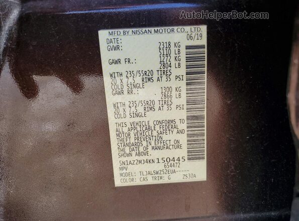 5N1AZ2MJ4KN150445 2019 NISSAN MURANO Бордовый Вид подкапотного пространства