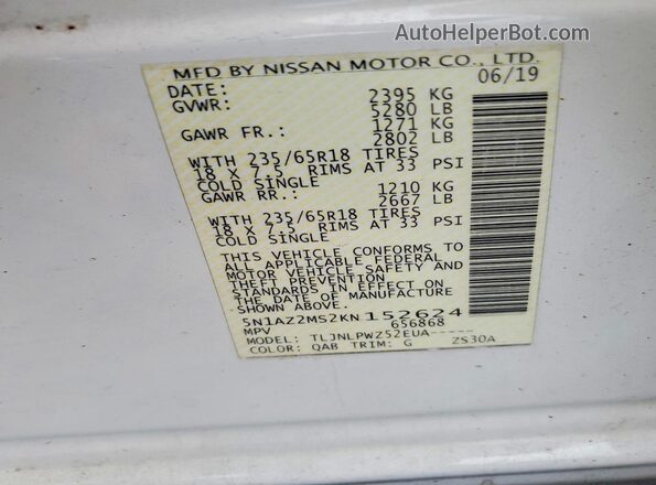 5N1AZ2MS2KN152624 2019 NISSAN MURANO White Vista interior de 360 grados