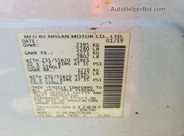 5N1AZ2MS3KN112892 2019 NISSAN MURANO White Engine compartment view