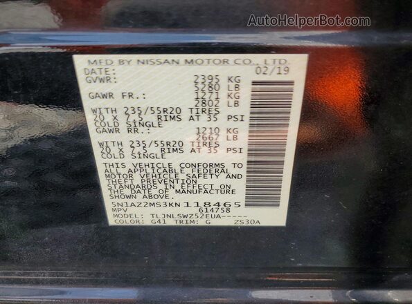 5N1AZ2MS3KN118465 2019 NISSAN MURANO Black Вид наклейки з VIN-кодом