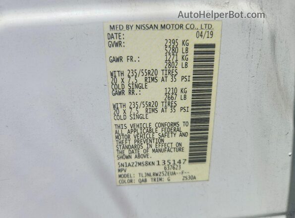 5N1AZ2MS8KN135147 2019 NISSAN MURANO White Панорамний вид салону 360°