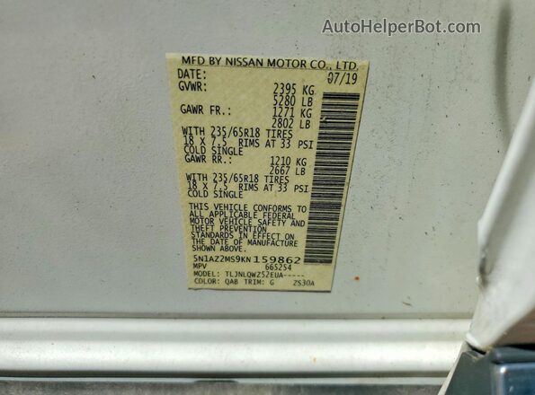 5N1AZ2MS9KN159862 2019 NISSAN MURANO Белый Вид наклейки с VIN-кодом