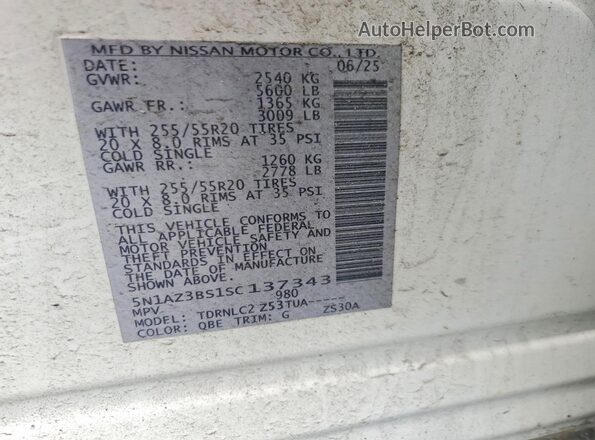 5N1AZ3BS1SC137343 2025 NISSAN MURANO White Vista de la etiqueta del VIN