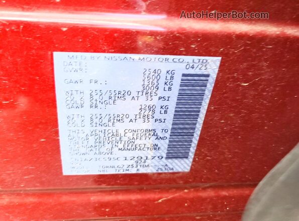5N1AZ3CS9SC129179 2025 NISSAN MURANO Red VIN կոդի պիտակի տեսք