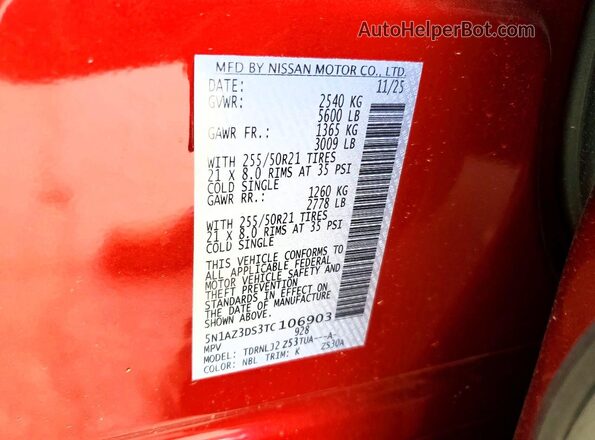 5N1AZ3DS3TC106903 2026 NISSAN MURANO Red Շարժիչի բաժամունքի տեսք