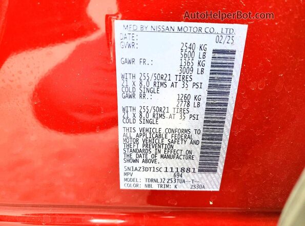 5N1AZ3DT1SC111881 2025 NISSAN MURANO Red Vista de la etiqueta del VIN