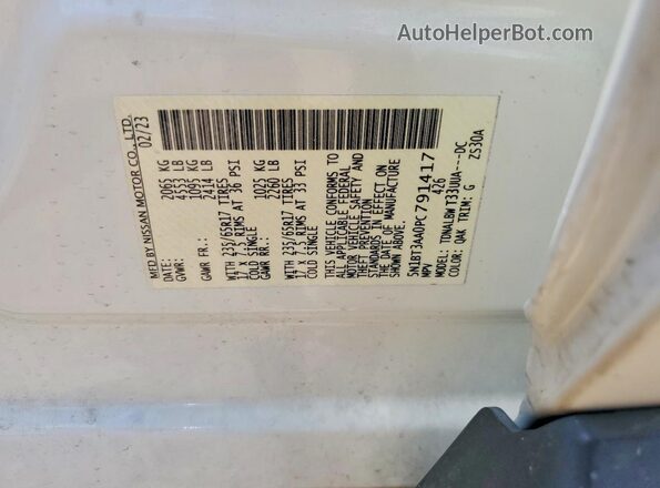 5N1BT3AA0PC791417 2023 NISSAN ROGUE White VIN კოდის სტიკერის ხედი