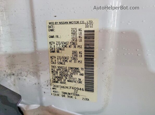 5N1BT3AB2PC740946 2023 NISSAN ROGUE White VIN კოდის სტიკერის ხედი