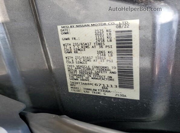 5N1BT3AB4PC671113 2023 NISSAN ROGUE Gray VIN კოდის სტიკერის ხედი
