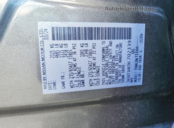5N1BT3AB7RC702339 2024 NISSAN ROGUE Gray VIN კოდის სტიკერის ხედი