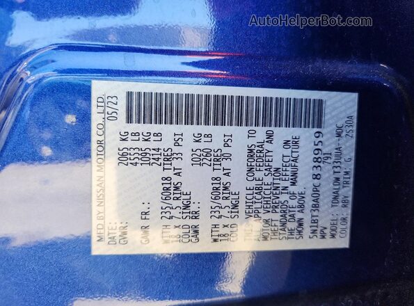 5N1BT3BA0PC838959 2023 NISSAN ROGUE Blue Vista de la etiqueta del VIN