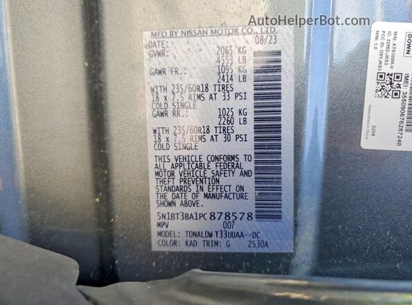 5N1BT3BA1PC878578 2023 NISSAN ROGUE Gray Widok naklejki z numerem VIN