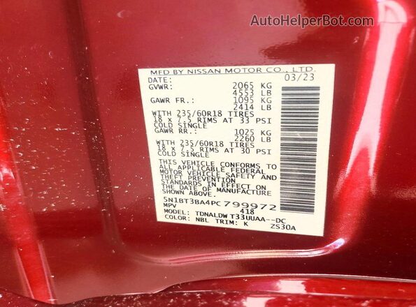 5N1BT3BA4PC799972 2023 NISSAN ROGUE Burgundy Вид наклейки з VIN-кодом