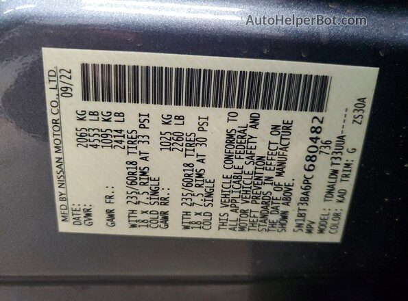 5N1BT3BA6PC680482 2023 NISSAN ROGUE Gray VIN կոդի պիտակի տեսք