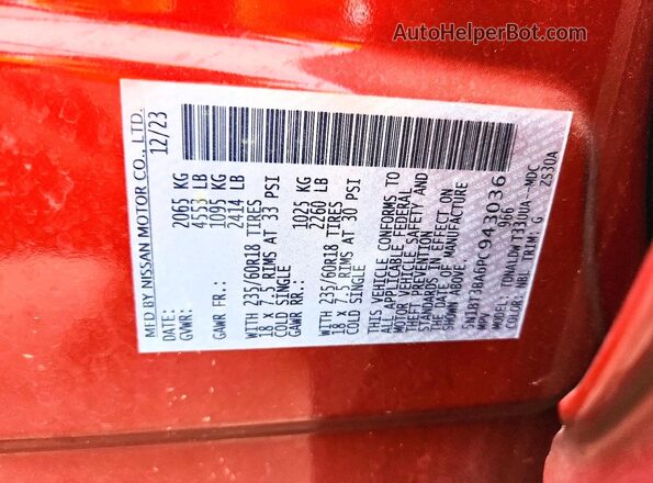 5N1BT3BA6PC943036 2023 NISSAN ROGUE Red VIN კოდის სტიკერის ხედი