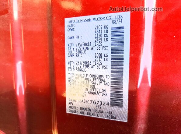 5N1BT3BA6SC767324 2025 NISSAN ROGUE Red Widok naklejki z numerem VIN
