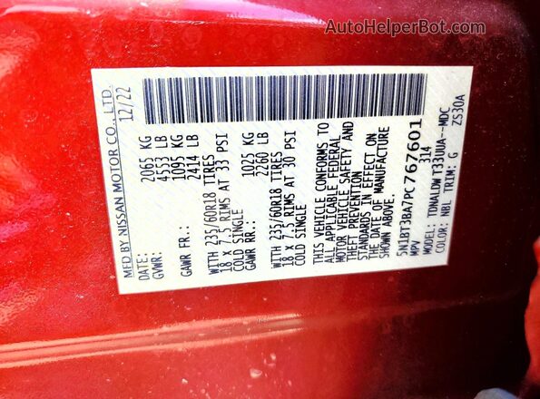 5N1BT3BA7PC767601 2023 NISSAN ROGUE Red Вид наклейки з VIN-кодом