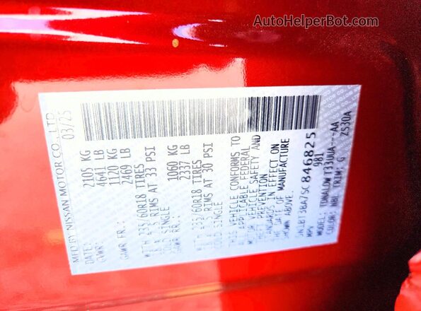 5N1BT3BA7SC846825 2025 NISSAN ROGUE Red Widok naklejki z numerem VIN