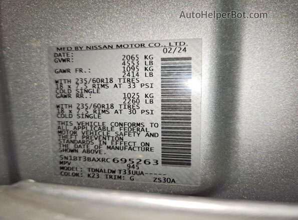 5N1BT3BAXRC695263 2024 NISSAN ROGUE Silver Vista de la etiqueta del VIN