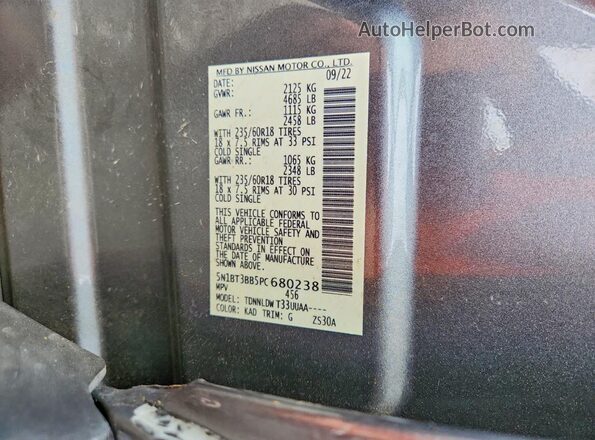 5N1BT3BB5PC680238 2023 NISSAN ROGUE Gray Вид наклейки з VIN-кодом