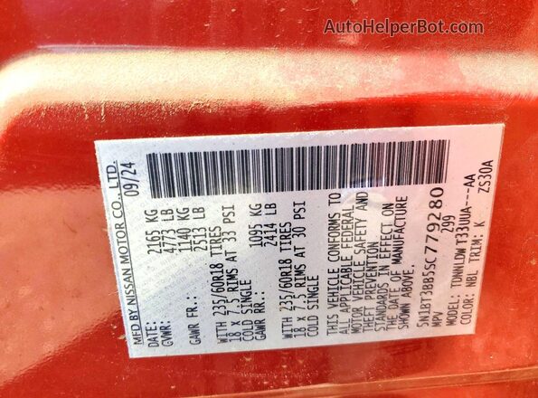 5N1BT3BB5SC779280 2025 NISSAN ROGUE Burgundy Vista de la etiqueta del VIN