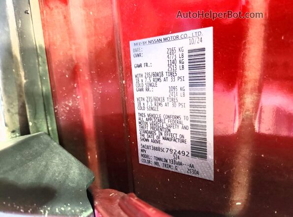 5N1BT3BB8SC792492 2025 NISSAN ROGUE Red Widok wnętrza 360 stopni