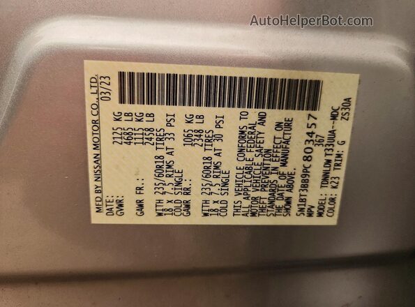 5N1BT3BB9PC803457 2023 NISSAN ROGUE Silver Widok naklejki z numerem VIN