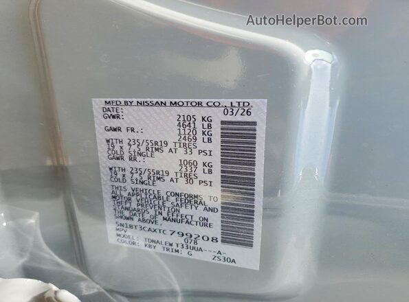 5N1BT3CAXTC799208 2026 NISSAN ROGUE Серый Вид наклейки с VIN-кодом