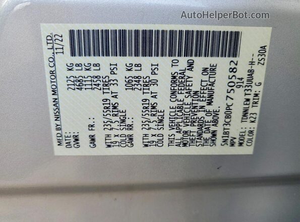 5N1BT3CB0PC750582 2023 NISSAN ROGUE Silver Vista de la etiqueta del VIN