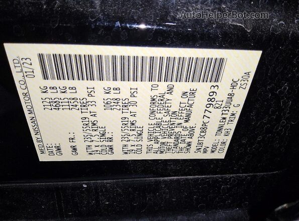 5N1BT3CB8PC779893 2023 NISSAN ROGUE Black VIN sticker view