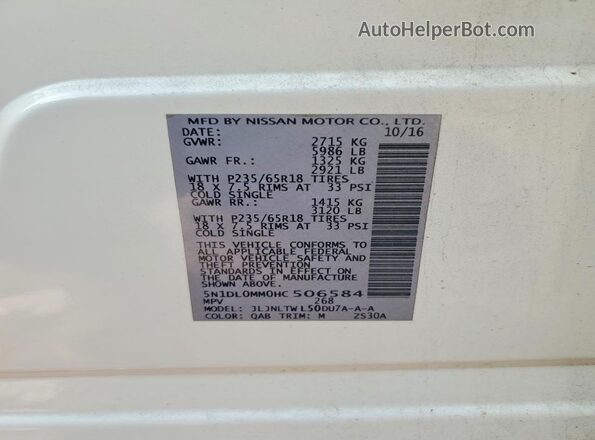 5N1DL0MM0HC506584 2017 INFINITI QX60 White Widok wnętrza 360 stopni