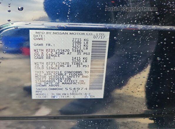 5N1DL0MM0HC554974 2017 INFINITI QX60 Blue Vista de la etiqueta del VIN