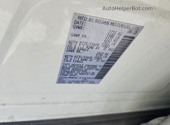 5N1DL0MM0KC516569 2019 INFINITI QX60 White Вид наклейки з VIN-кодом