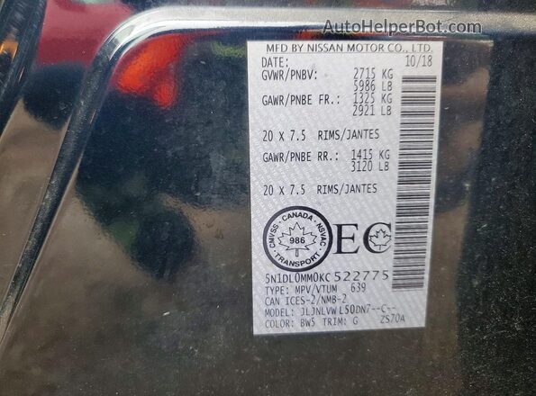 5N1DL0MM0KC522775 2019 INFINITI QX60 Blue VIN կոդի պիտակի տեսք